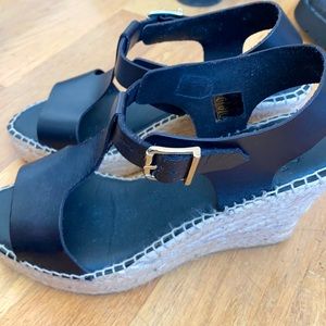 Hemp wedge black leather sandals barely worn